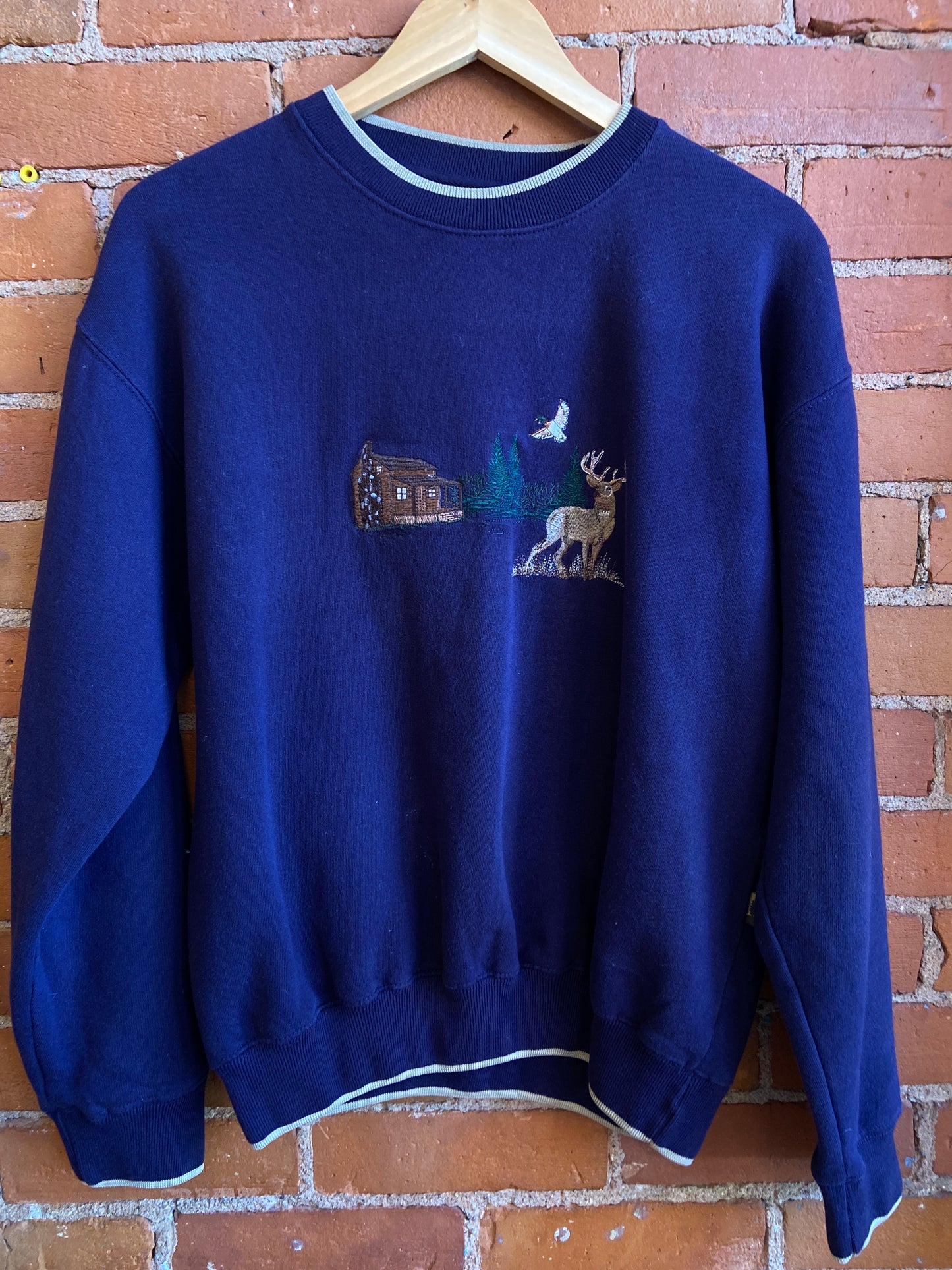 Embroidered Deer & Cabin Crewneck Sweater