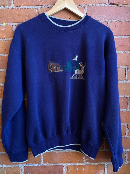 Embroidered Deer & Cabin Crewneck Sweater
