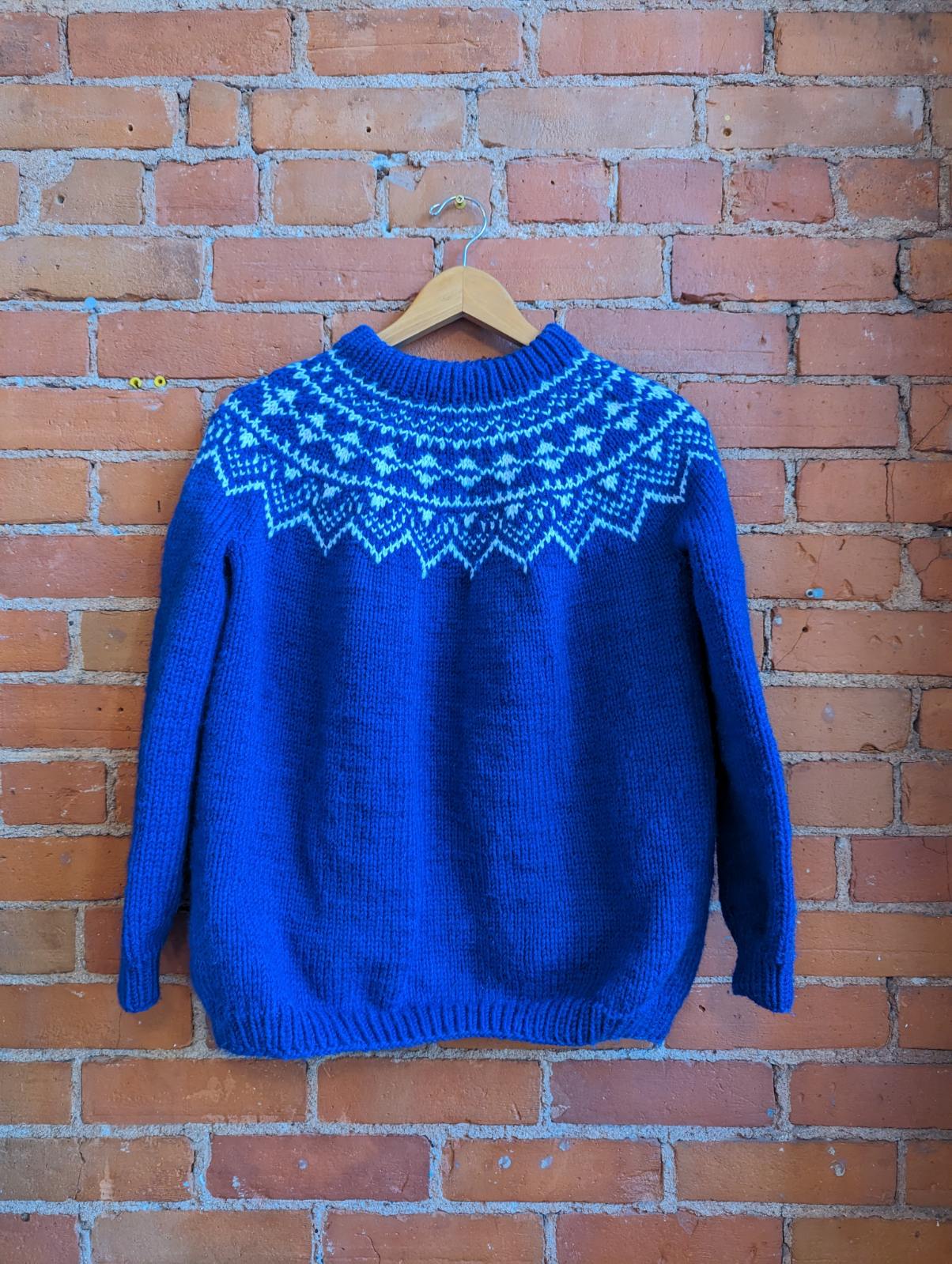 1980s Hand-Knit Blue and White Nordic Style Sweater