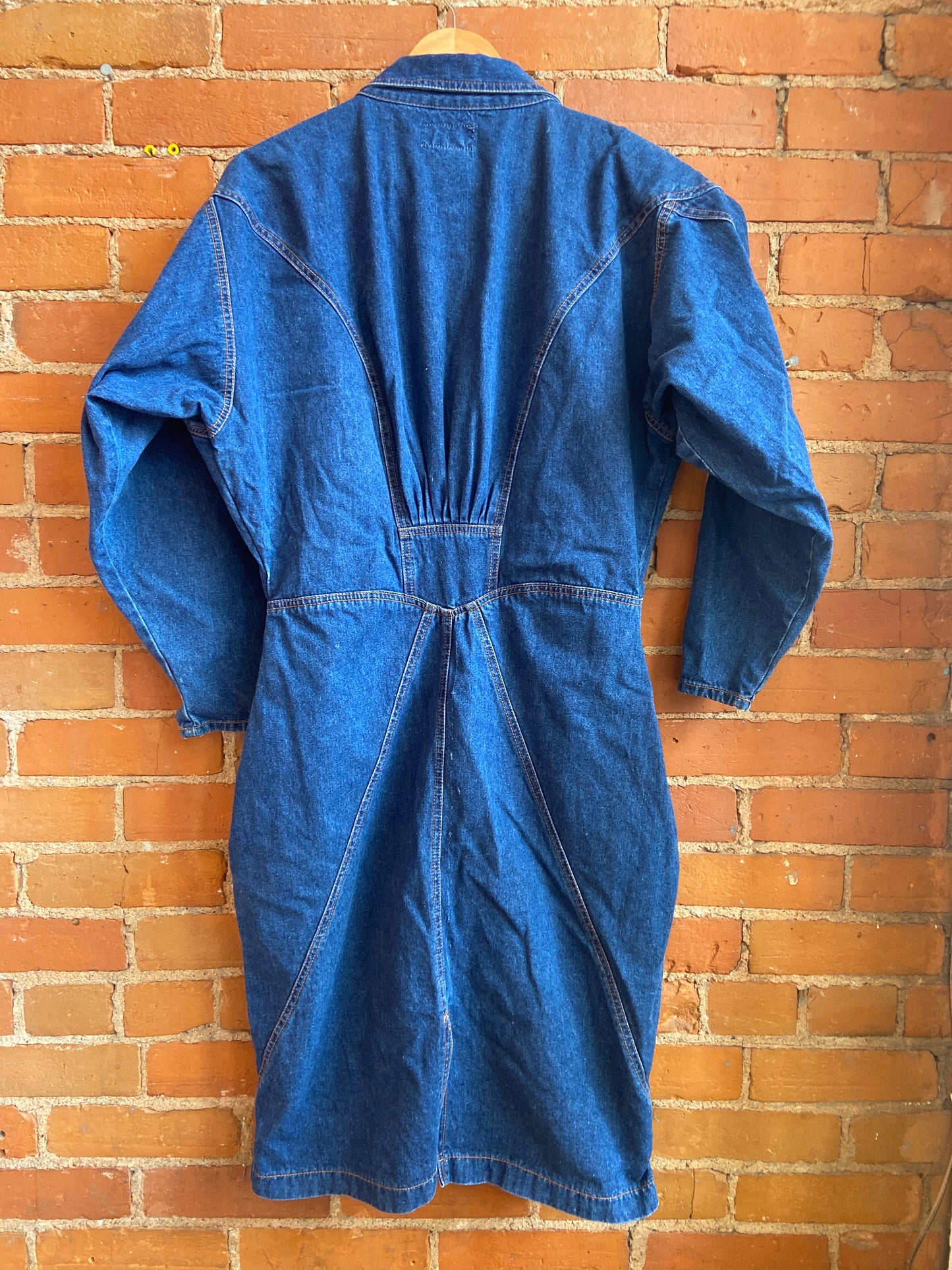 1980s 19th Avenue Dark Wash Snap Front Denim Midi Dress With Shoulder Pads