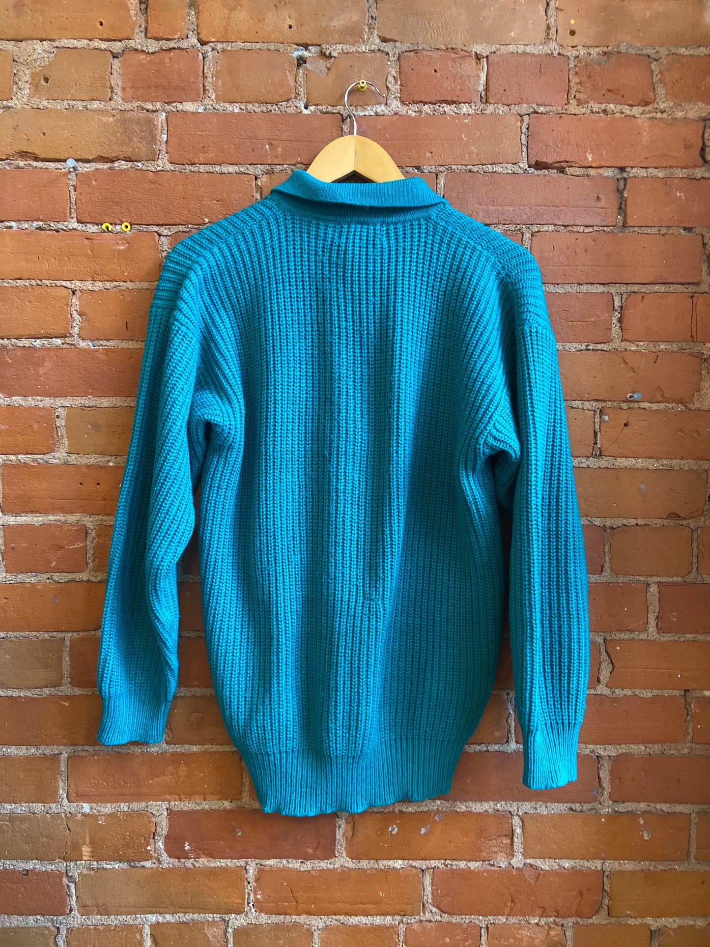 1980s Scoop Teal Green Sweater With Button Neckline