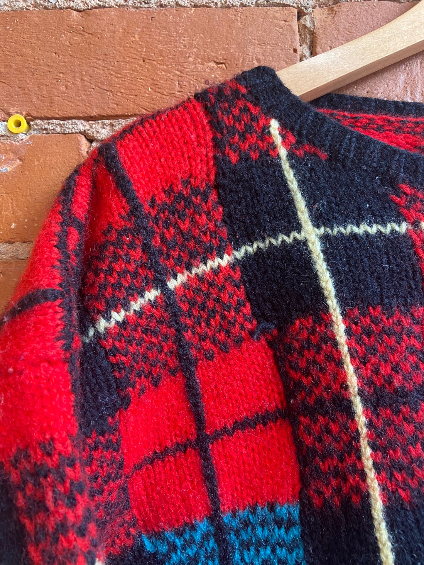 1 by Eaton Cropped Red, Green and Blue Plaid Wool Sweater