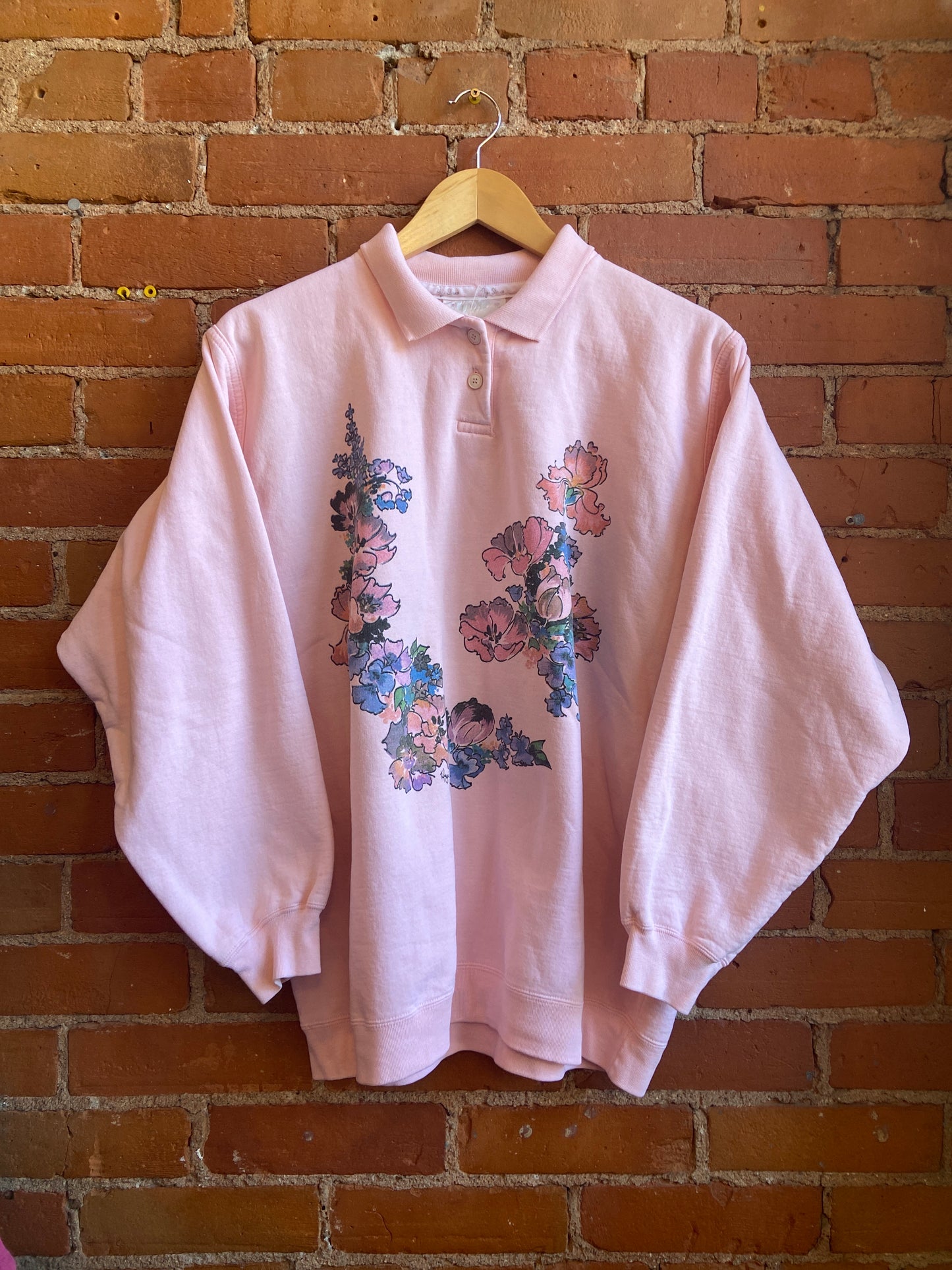 1980s Angie Strauss Baby Pink Collared Sweatshirt With Floral Graphic