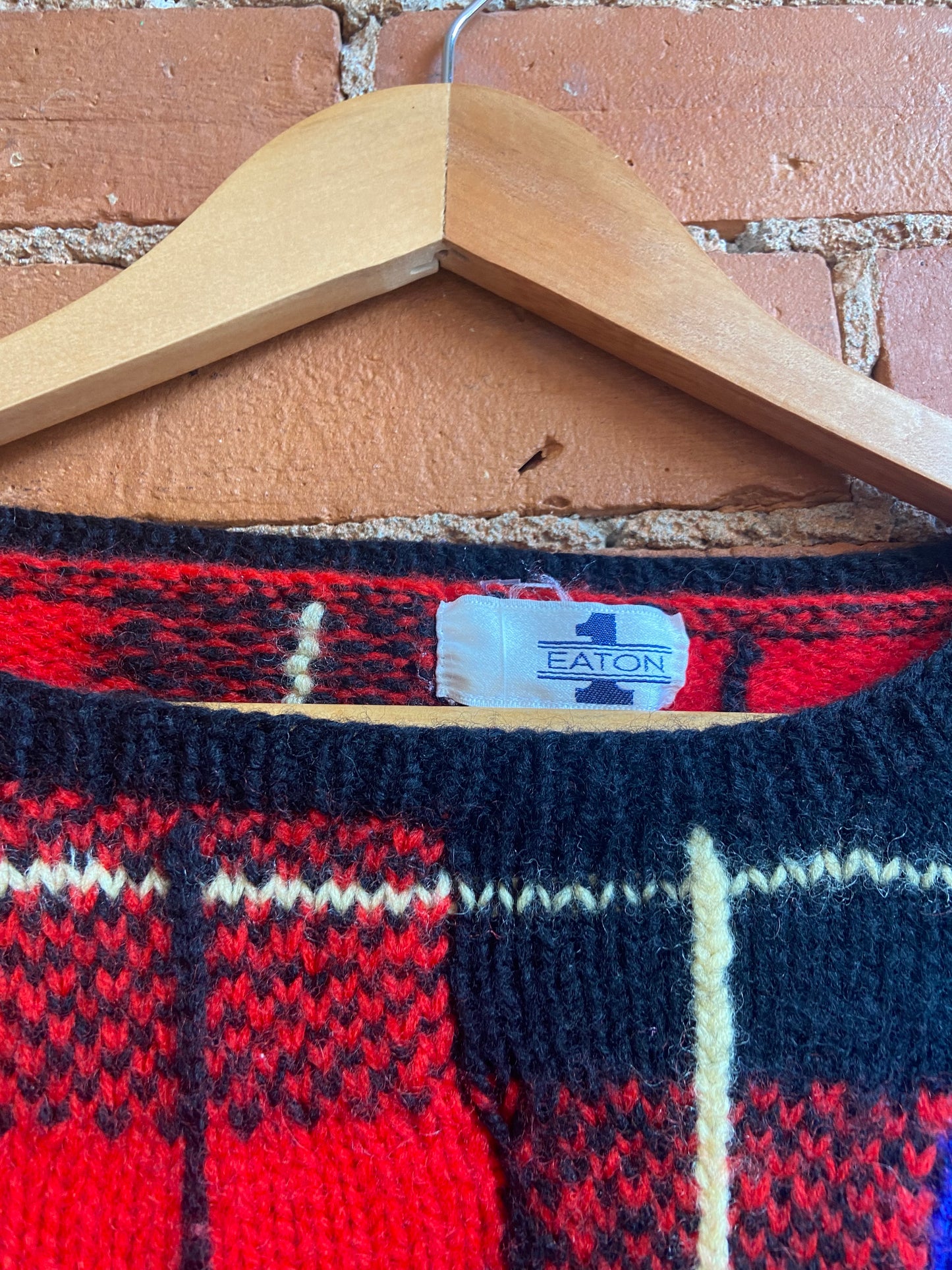 1 by Eaton Cropped Red, Green and Blue Plaid Wool Sweater