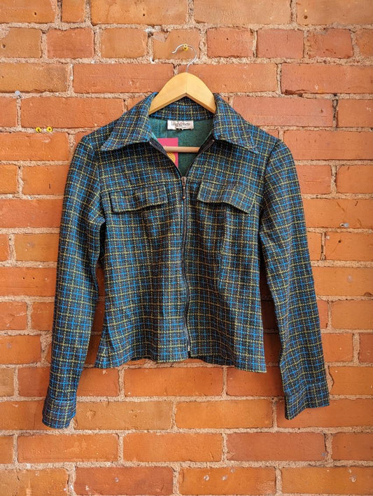 1990s Le Chateau Green and Blue Plaid Jacket