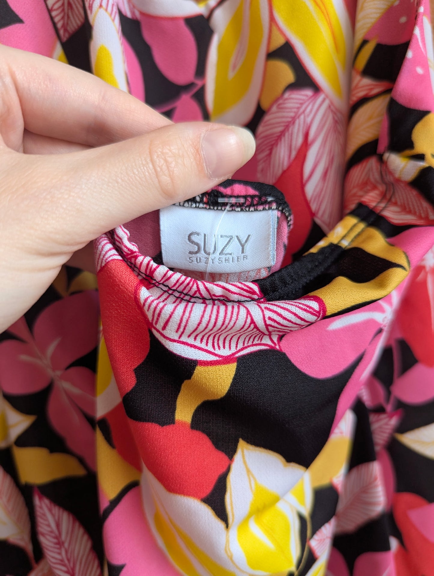 Y2K Suzy Shier Black Halter Top With Pink, Yellow and Red Floral Print
