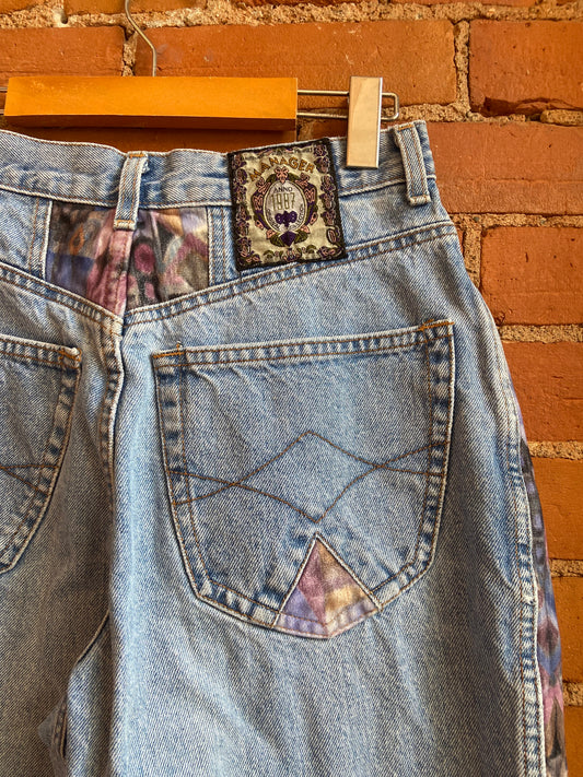 1990s Manager Light Wash, High Rise Jeans With Fuzzy Geometric Print Panels