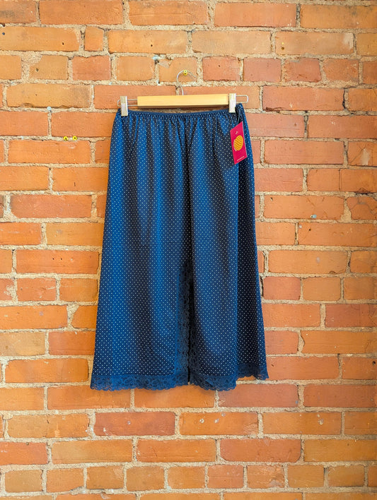 1980s Navy Blue Slip Skirt With White Micro Polka Dots