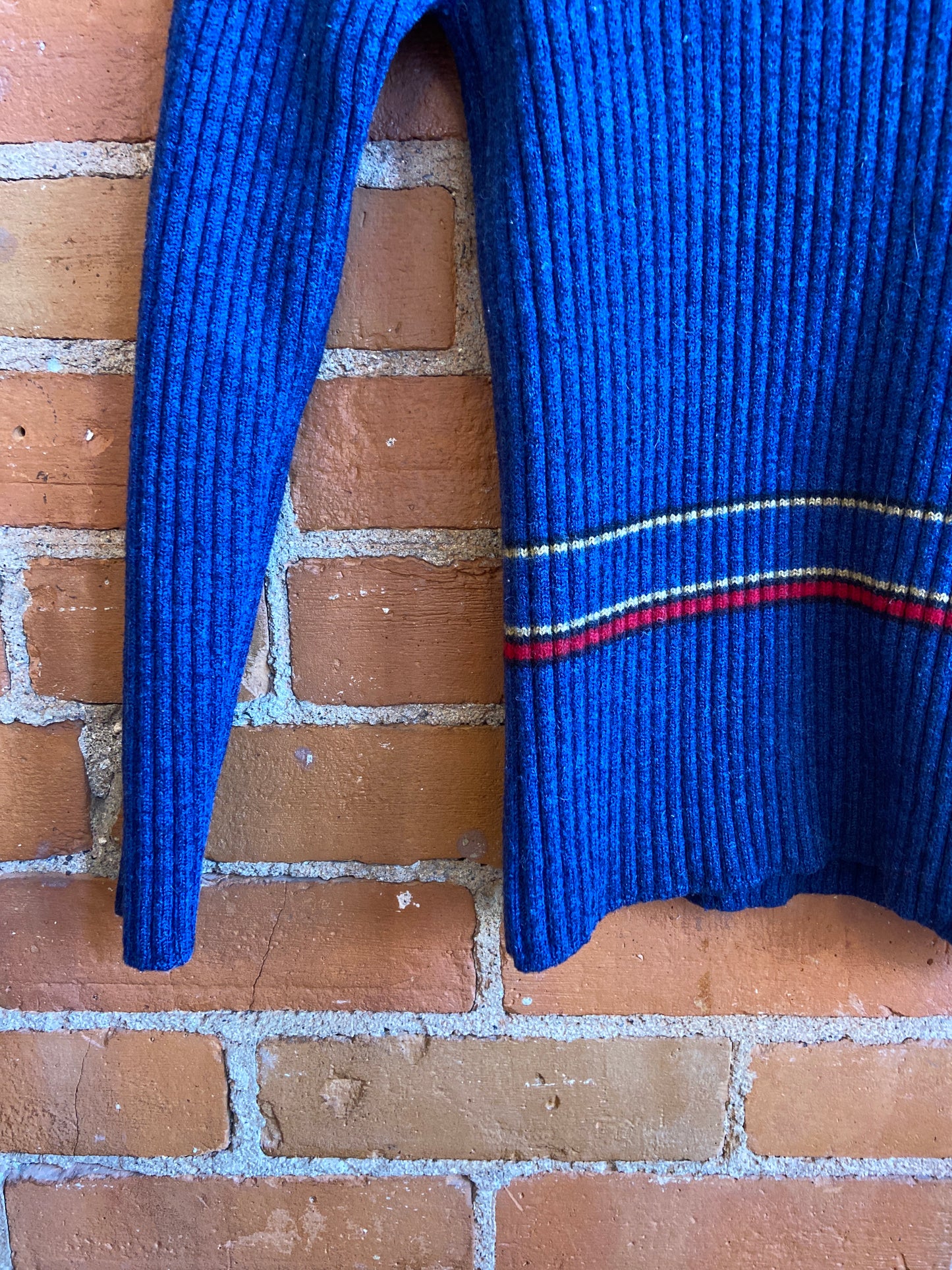 1990s Sue Dai Chun Blue Wool Turtleneck With Striped Accents