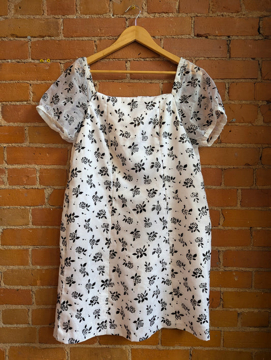 1990s White Puff Sleeve Mini Dress With Black Puff Paint Roses