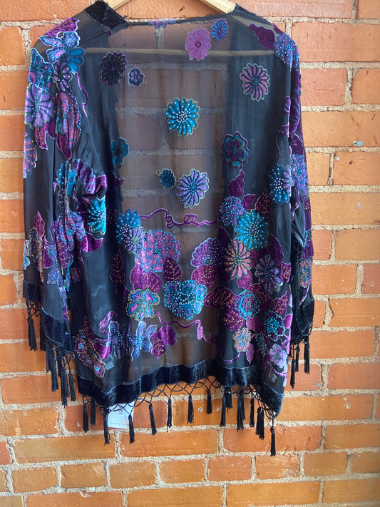 1990s Jinjaio Black Sheer Cardigan With Velvet Burnout Floral Print and Bead and Tassel Accents