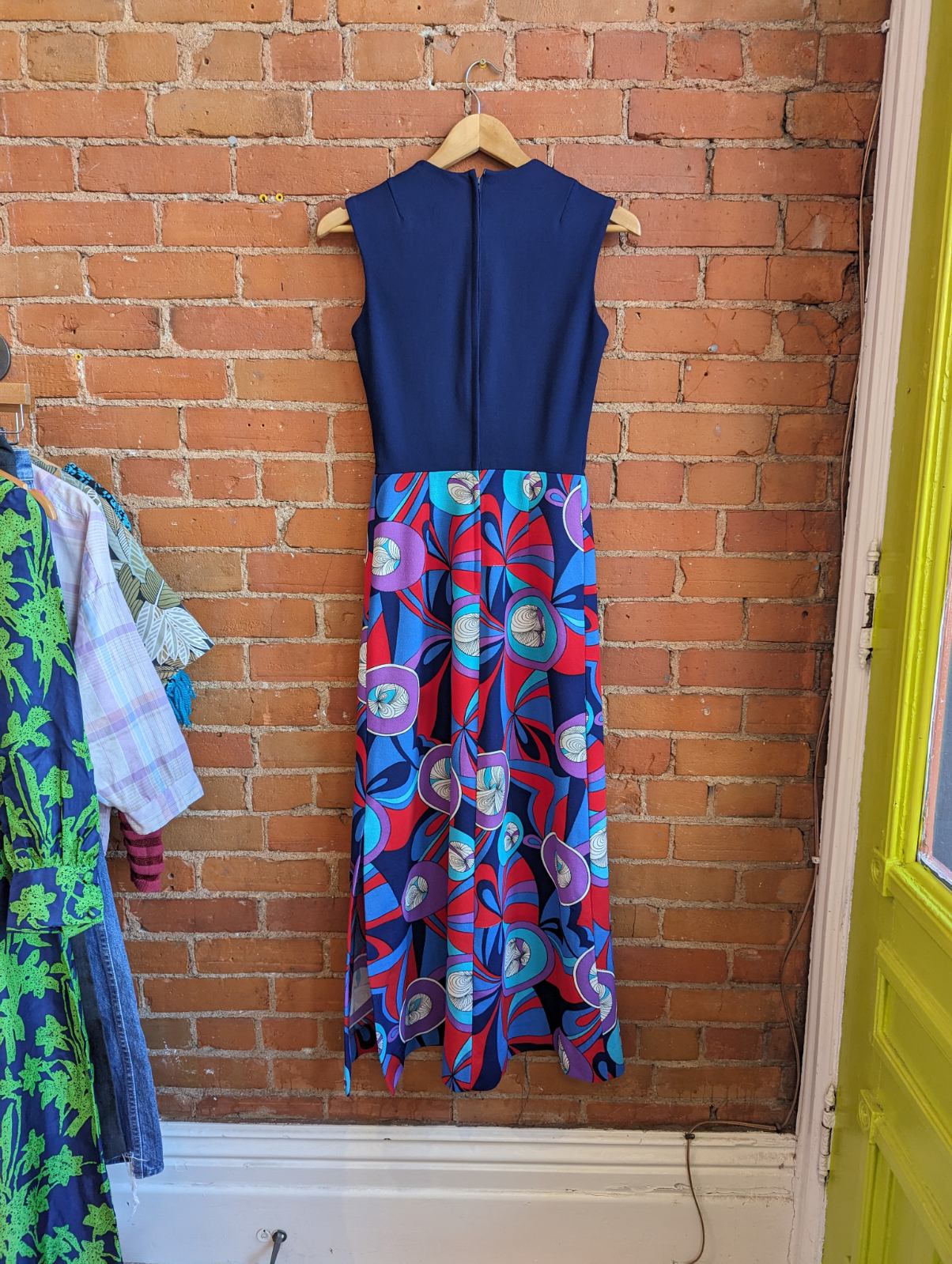 1960s Gilmar Blue Maxi Dress With Mod Print Skirt