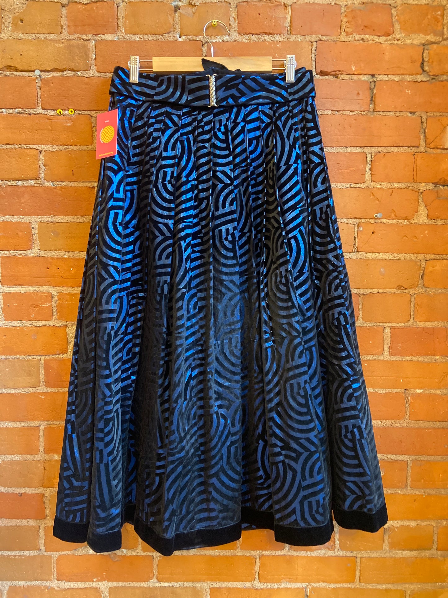 1980s Helene Straber Blue Metallic Pleated Maxi Skirt With Black Velvet Geometric Pattern