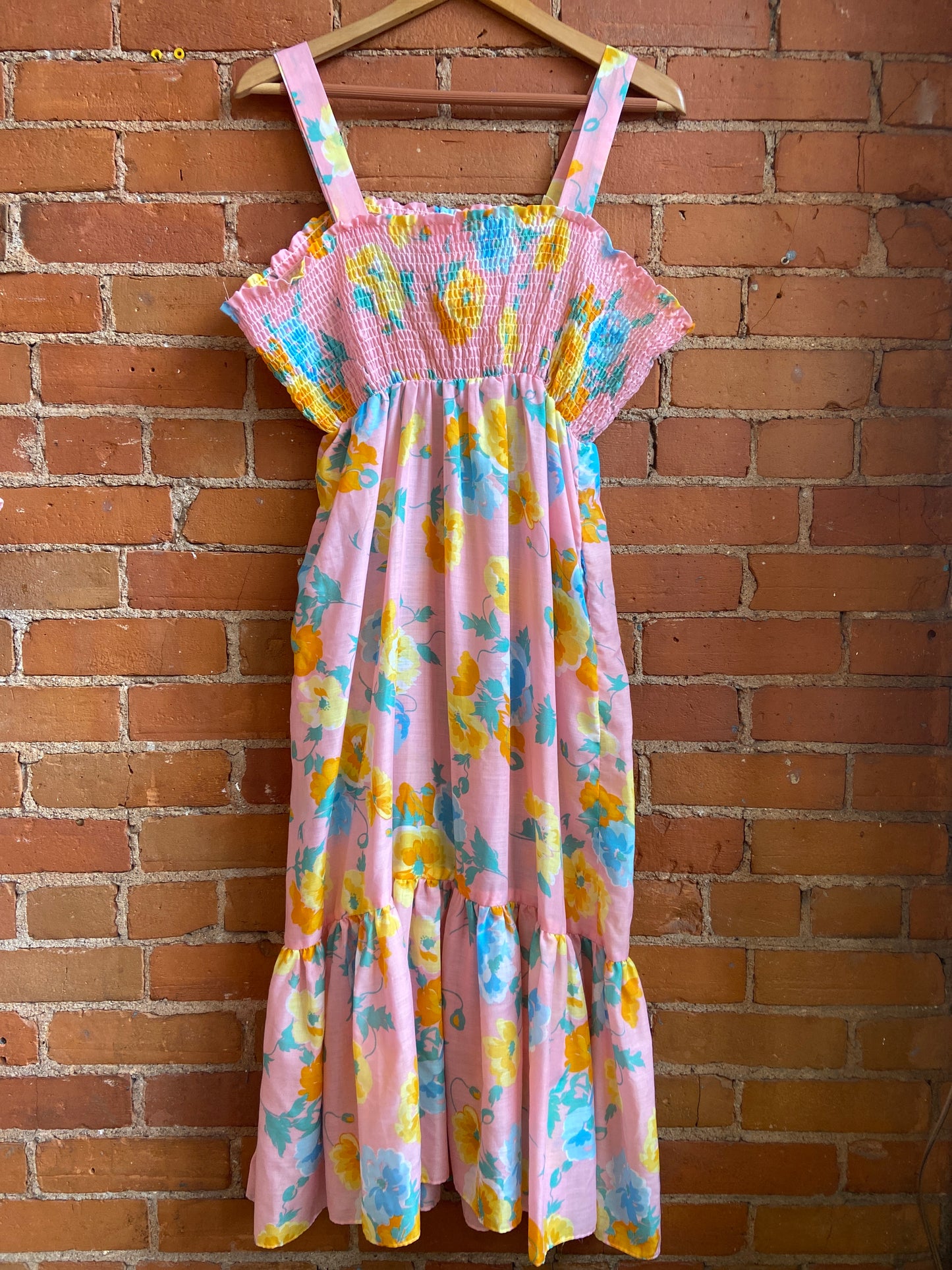 1970s Baby Pink Floral Print Midi Dress With Smocked Bodice and Ruffled Hem