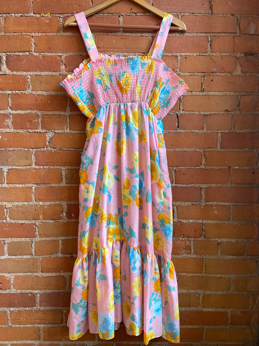 1970s Baby Pink Floral Print Midi Dress With Smocked Bodice and Ruffled Hem