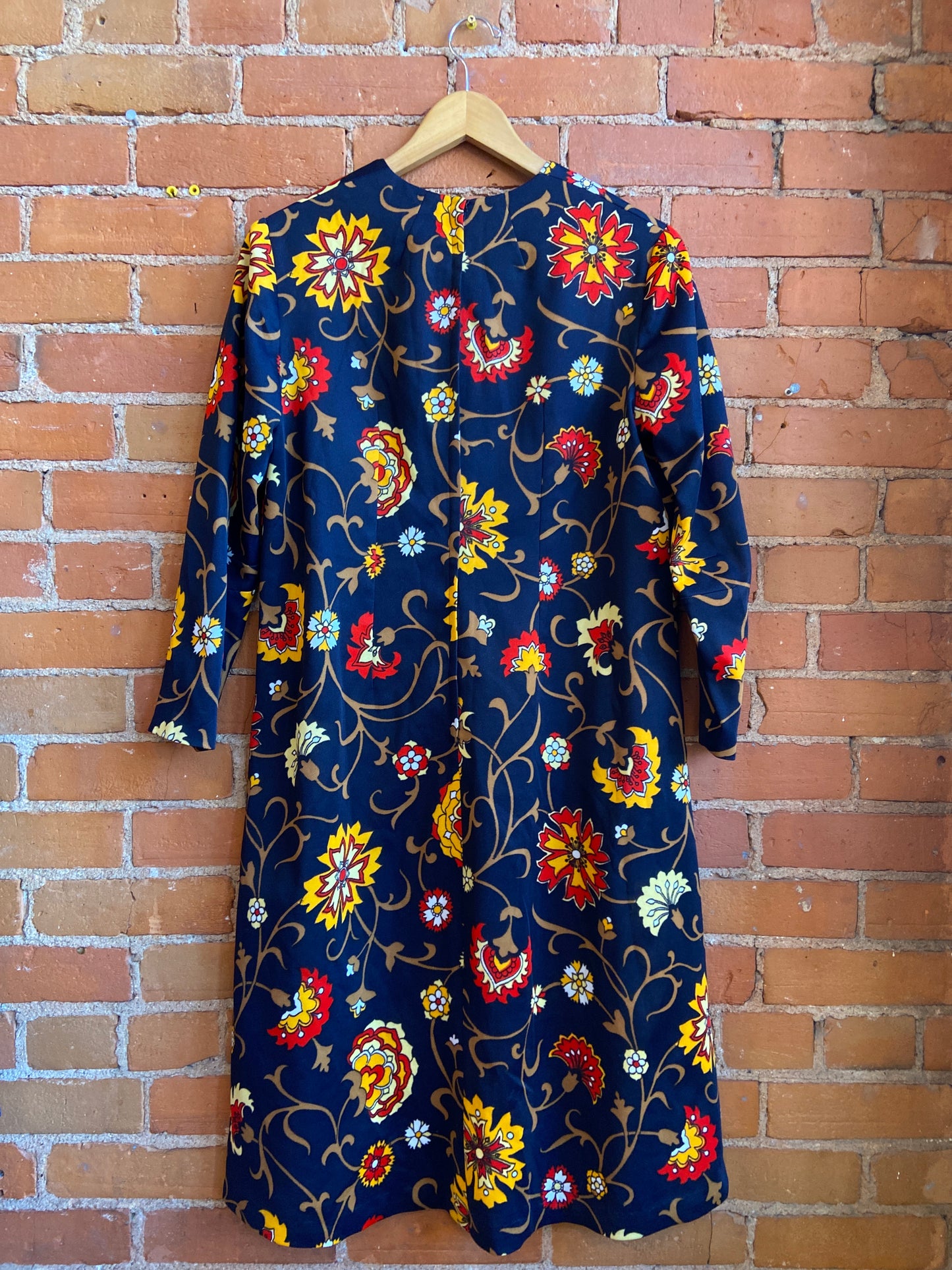 1960s Navy Blue Long Sleeve Dress With Warm-Toned Floral Print