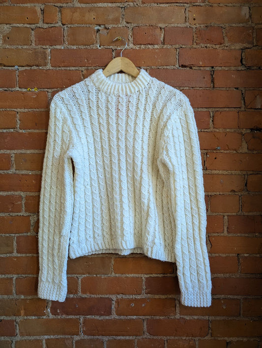 1980s Hand-Knit Cream Cable Knit Sweater