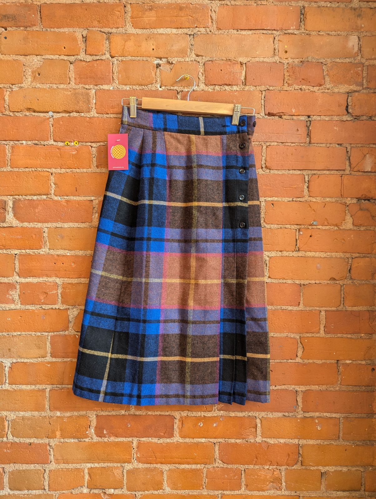 1980s Blue, Yellow, Pink and Brown Plaid Pleated Skirt