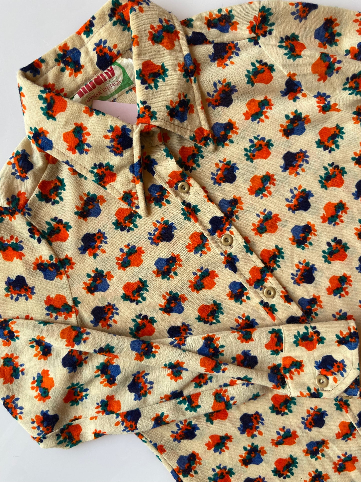 70's Blue & Orange Flower Basket Print Button-Up