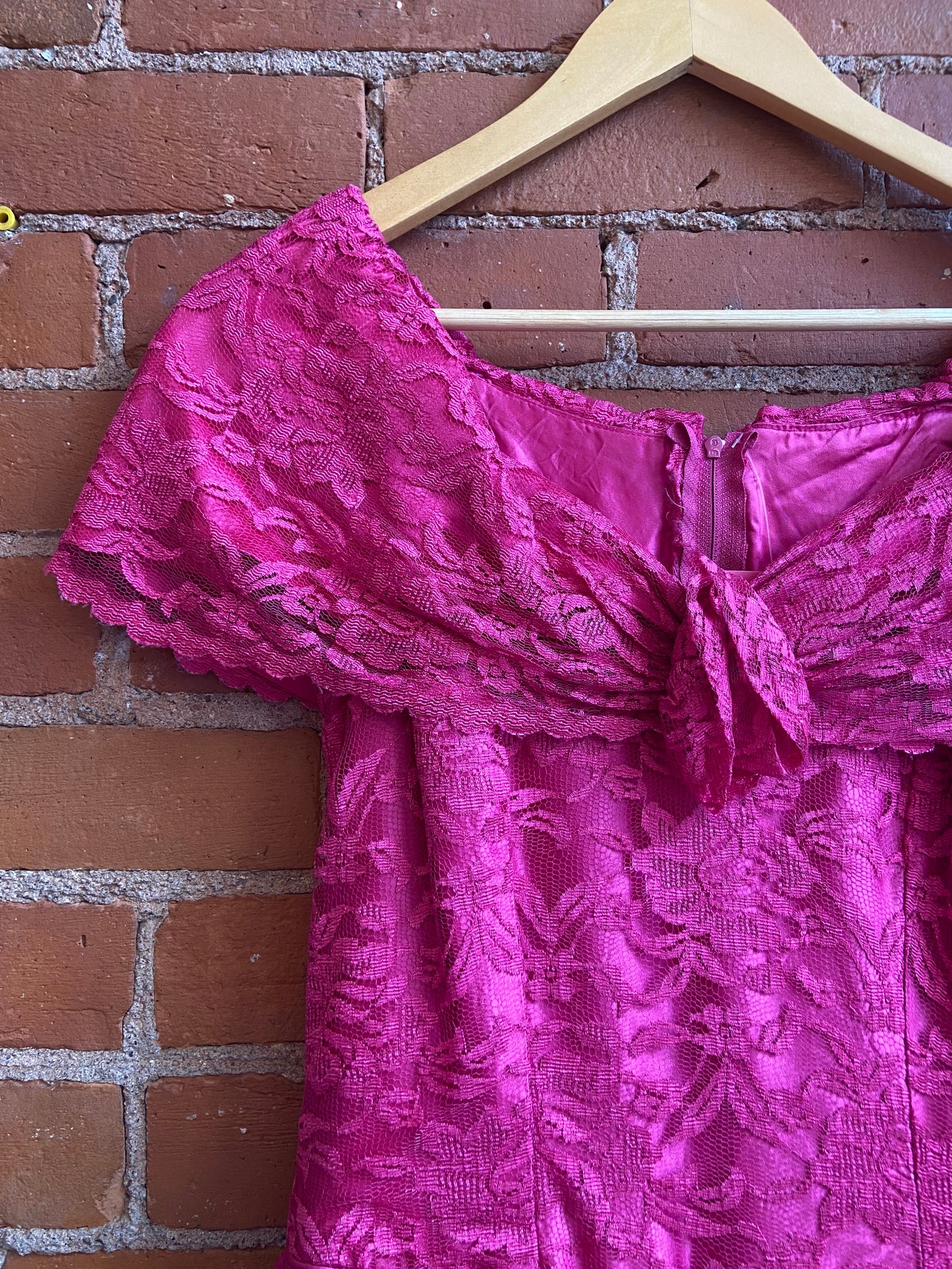 1980s Pink Floral Lace Off-The-Shoulder Dress With Full Skirt and Tulle Crinoline