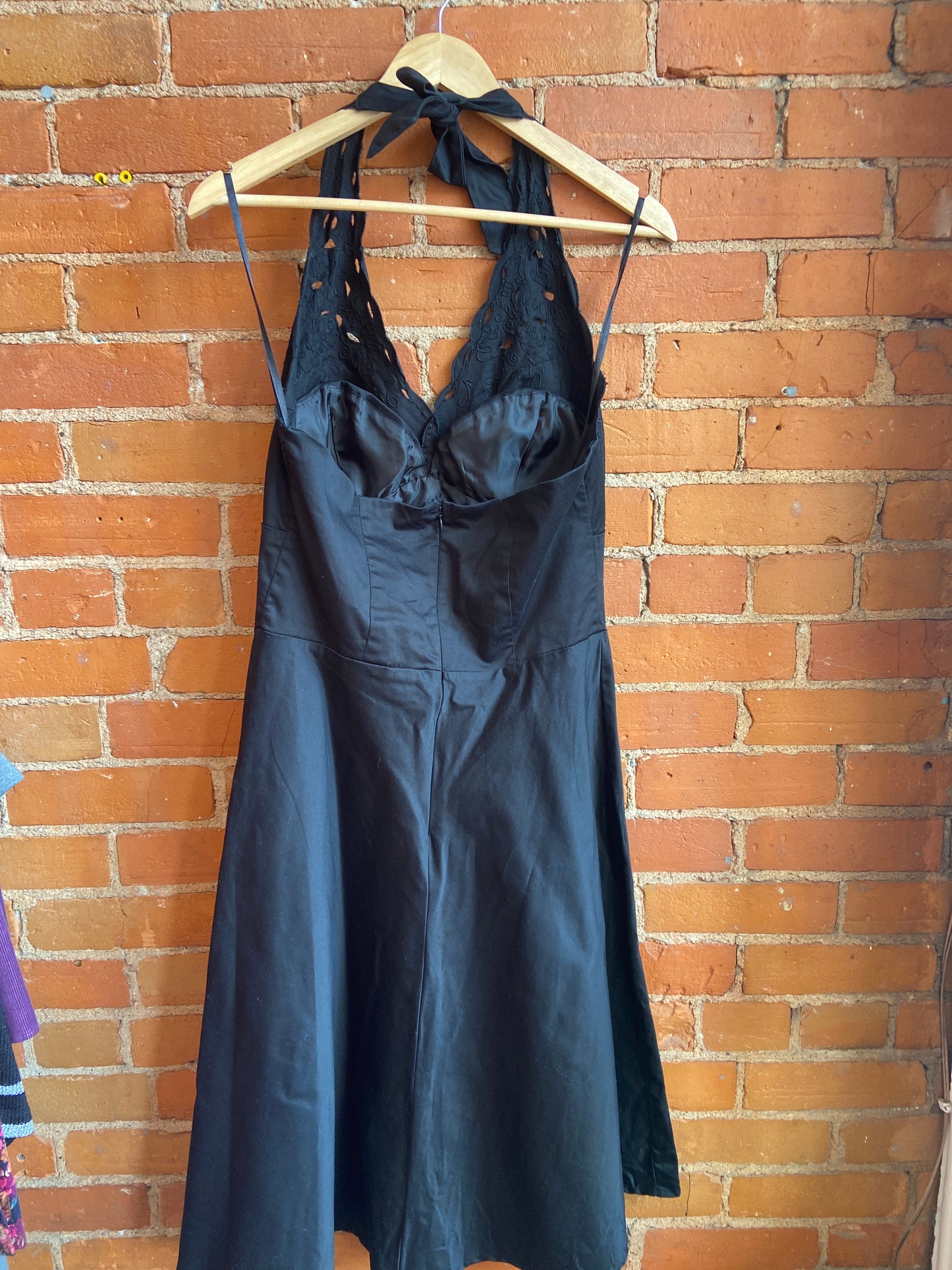 1990s Jessica Black Cotton Halter Neck Dress With Eyelet Lace Detailing