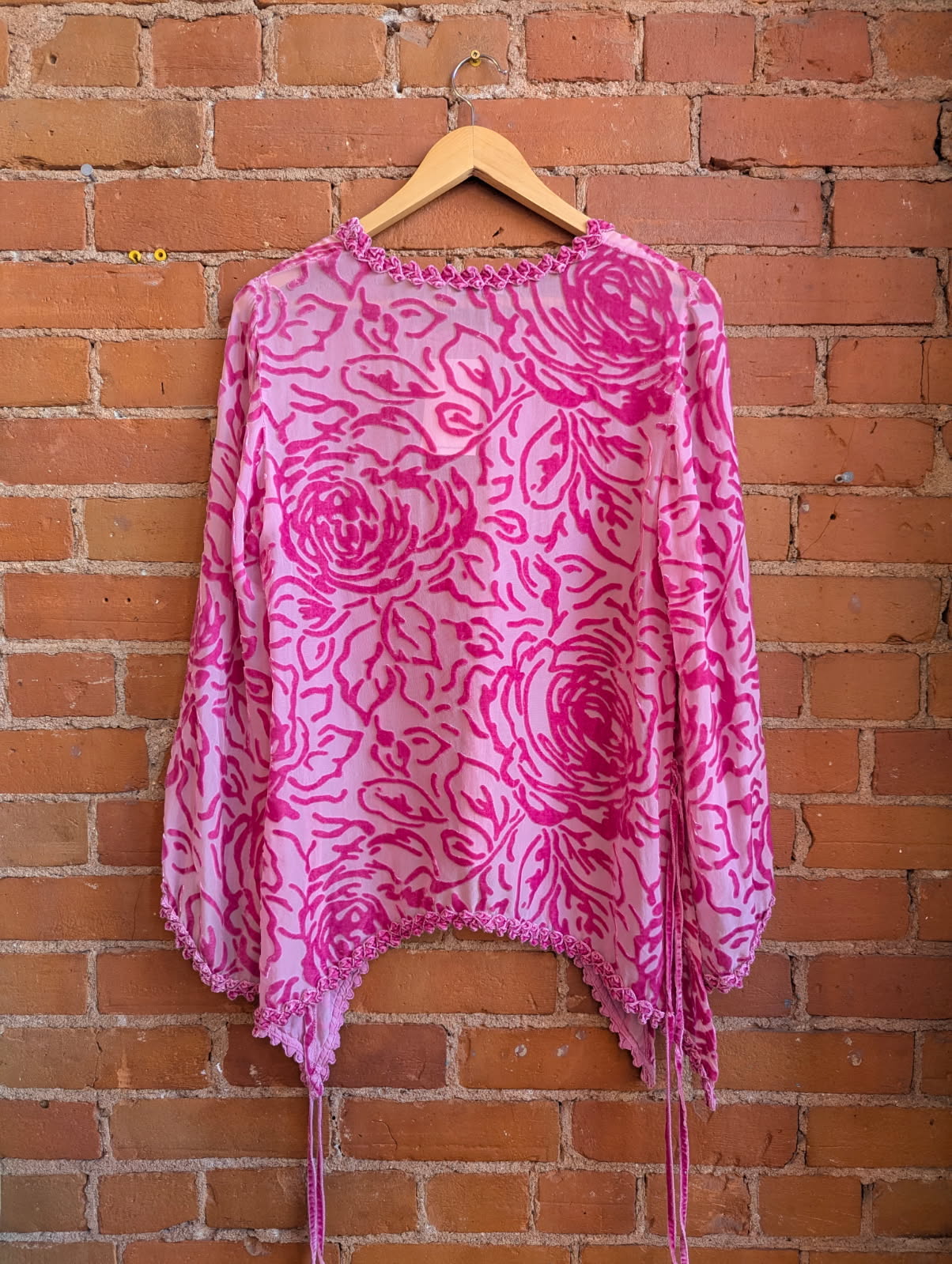 1990s Kozlowska Pink Sheer Bell Sleeve Top With Velvet Rose Pattern