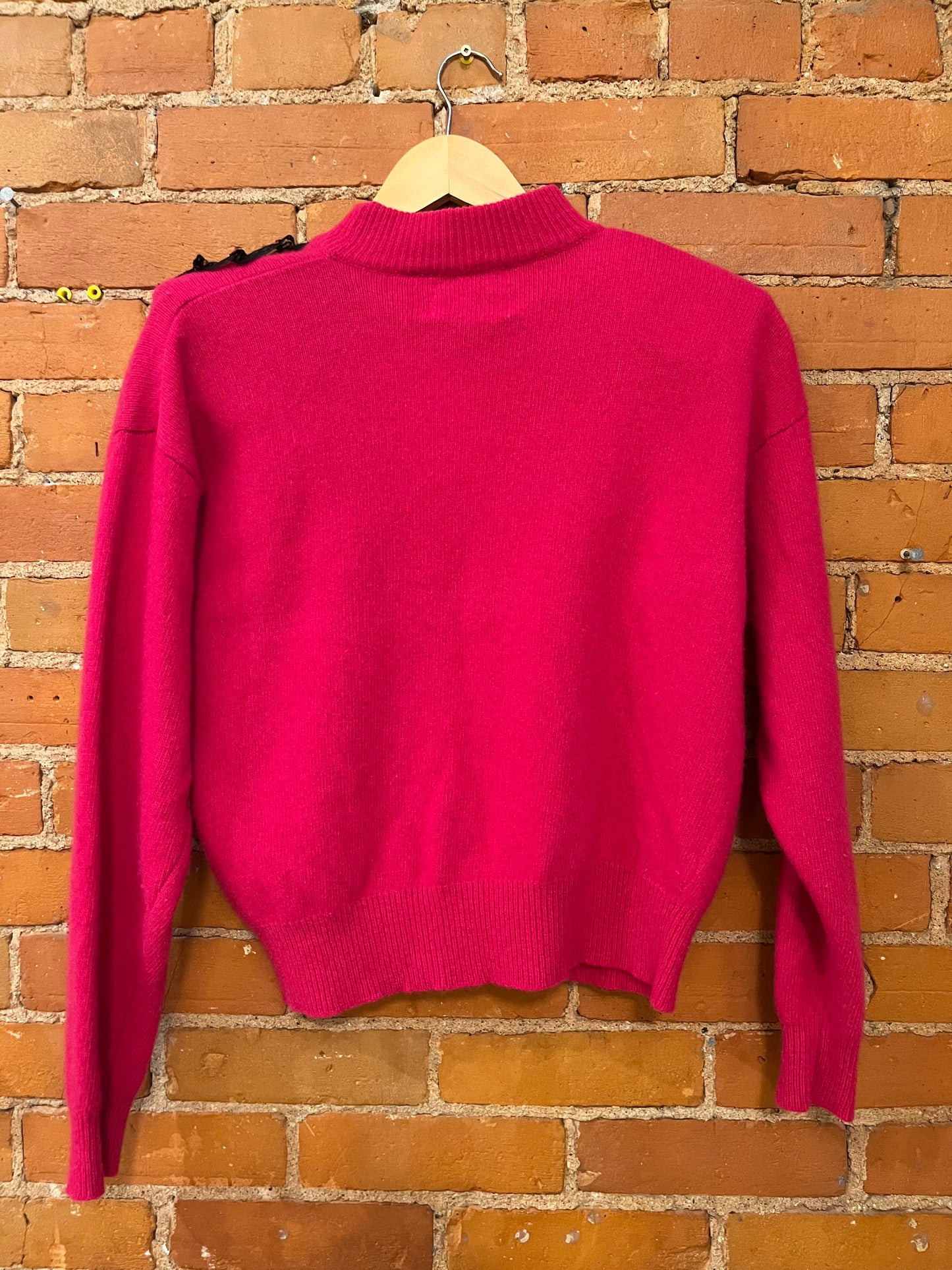 Hot Pink Lambswool Sweater With Black Lace & Pearls