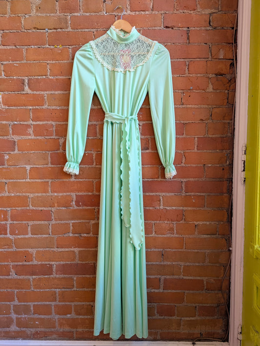 1970s Cathanne's Mint Green Prairie Style Maxi Dress With Ruffled Belt