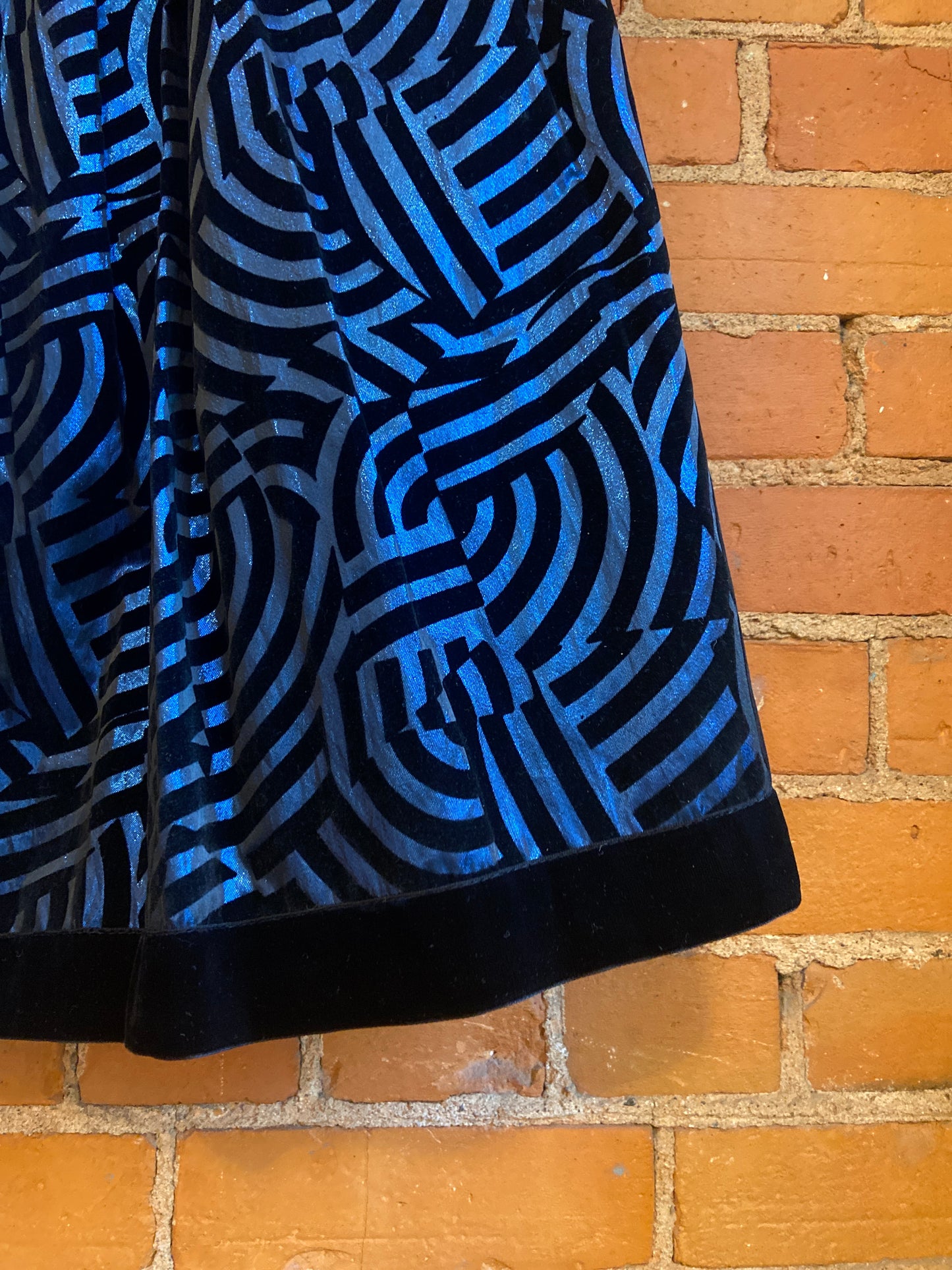 1980s Helene Straber Blue Metallic Pleated Maxi Skirt With Black Velvet Geometric Pattern