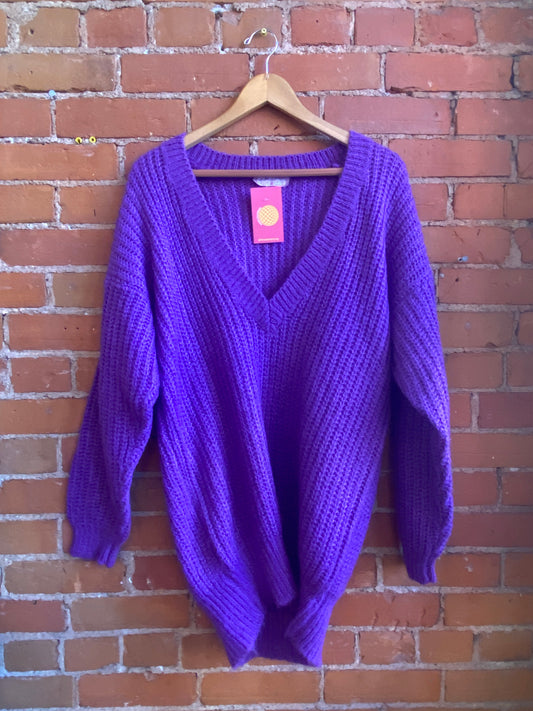 1980s Fiction Purple V-Neck Sweater Dress