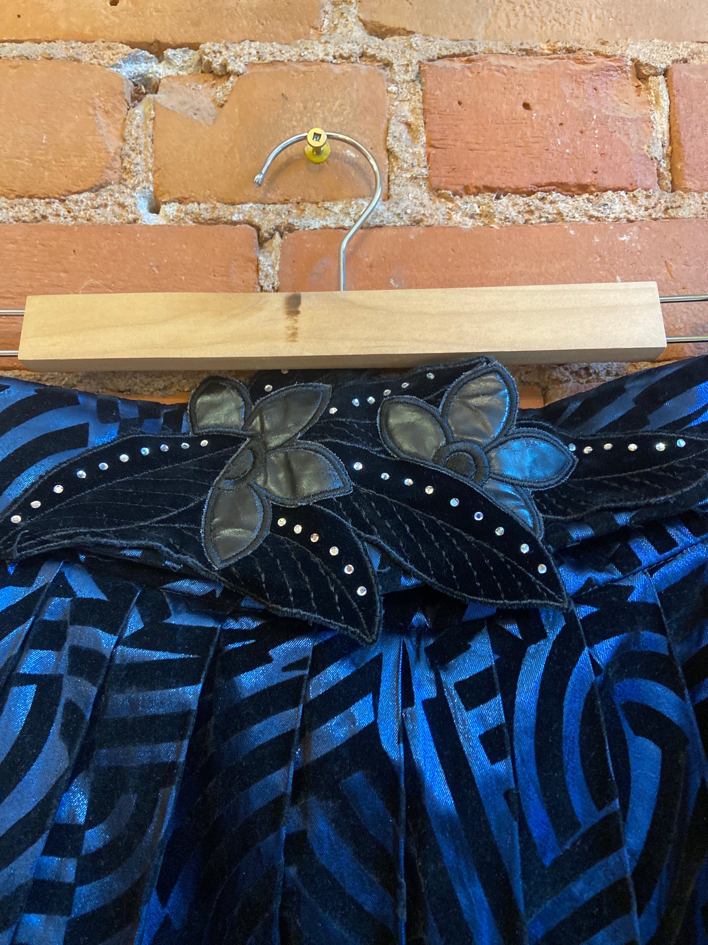 1980s Helene Straber Blue Metallic Pleated Maxi Skirt With Black Velvet Geometric Pattern