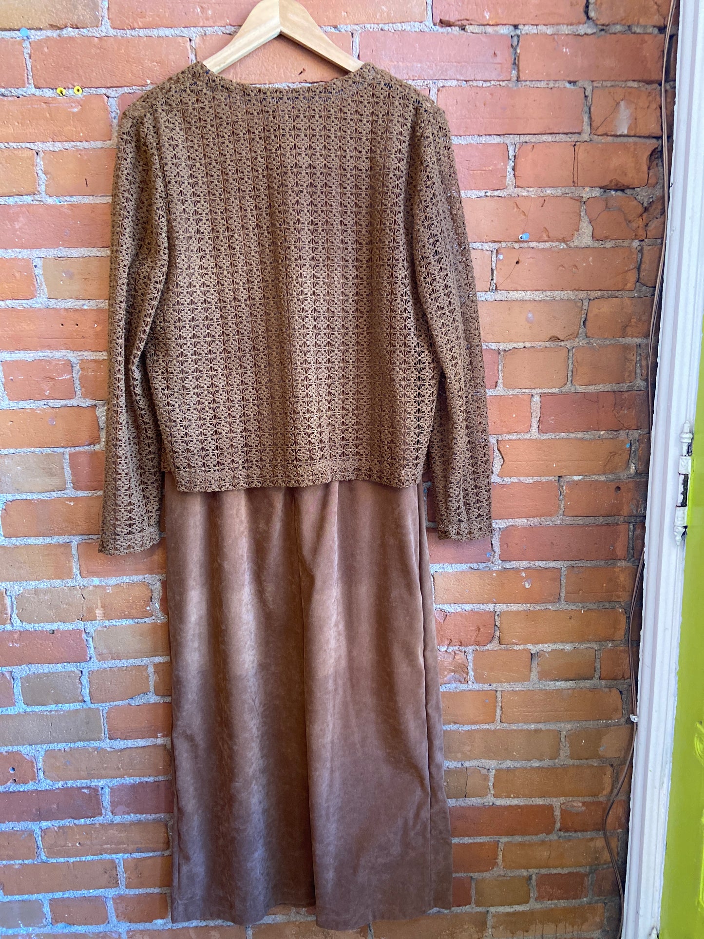 90’s Brown Faux Suede Dress with Crotchet Cardigan