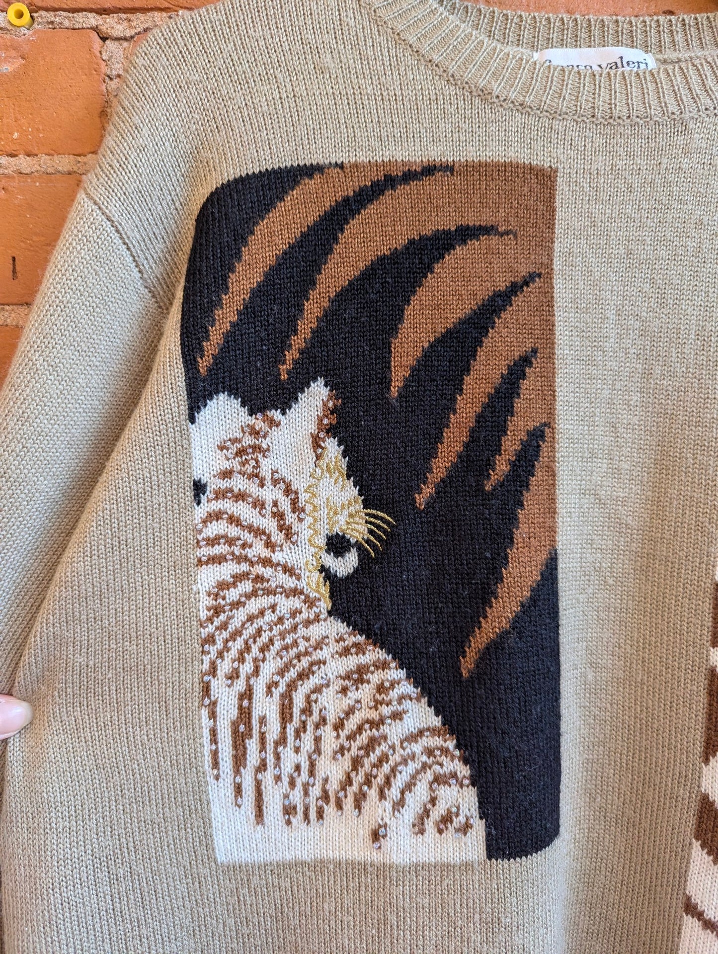 1980s Franco Valeri Brown Wool Blend Sweater With Tiger Graphics