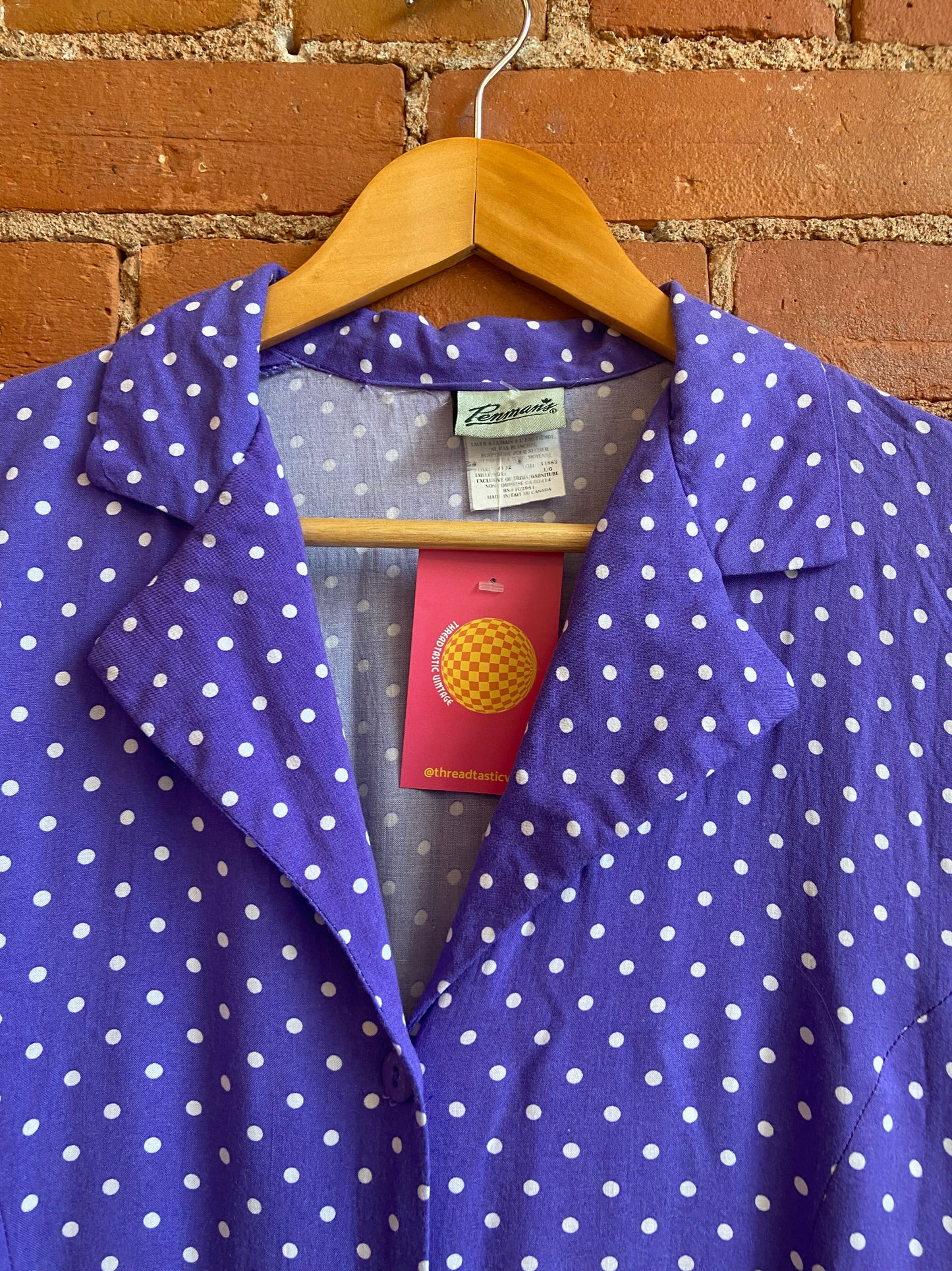1990s Penmans Purple and White Polka Dot Button Front Shirtdress