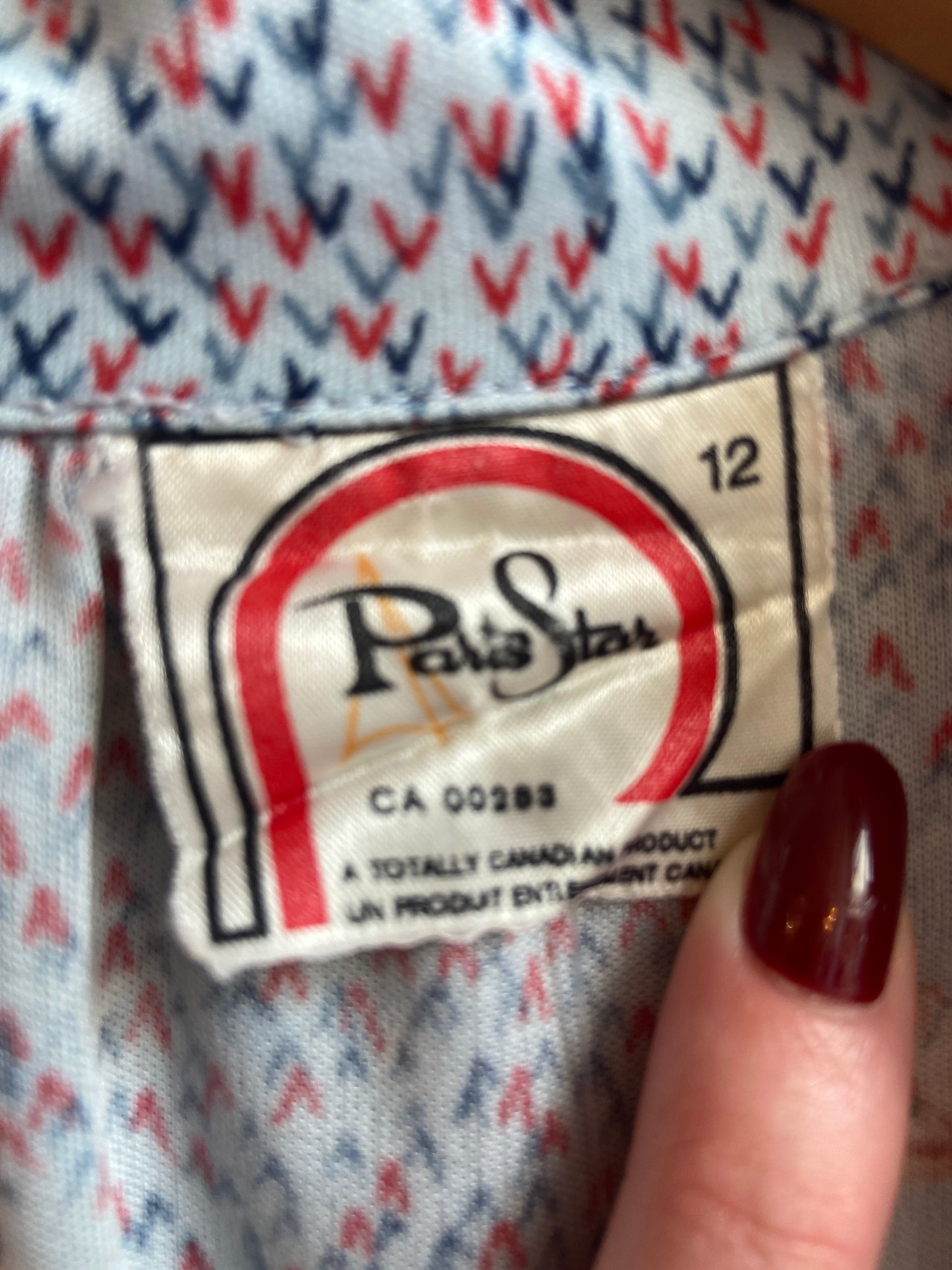 1970s Paris Star Blue and Red Abstract Floral Print Blouse