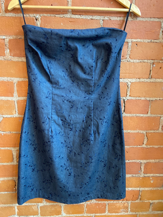 90's Denim Strapless Dress With Embroidered Vines