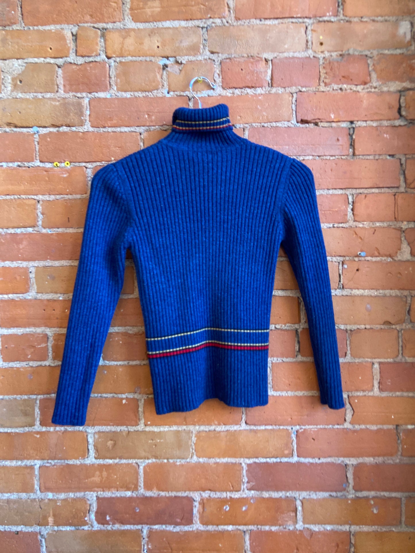 1990s Sue Dai Chun Blue Wool Turtleneck With Striped Accents