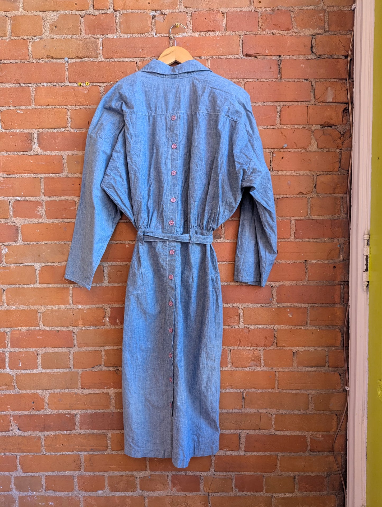 1980s Rampage Blue Chambray Midi Length Shirtdress With Button Back and Belt