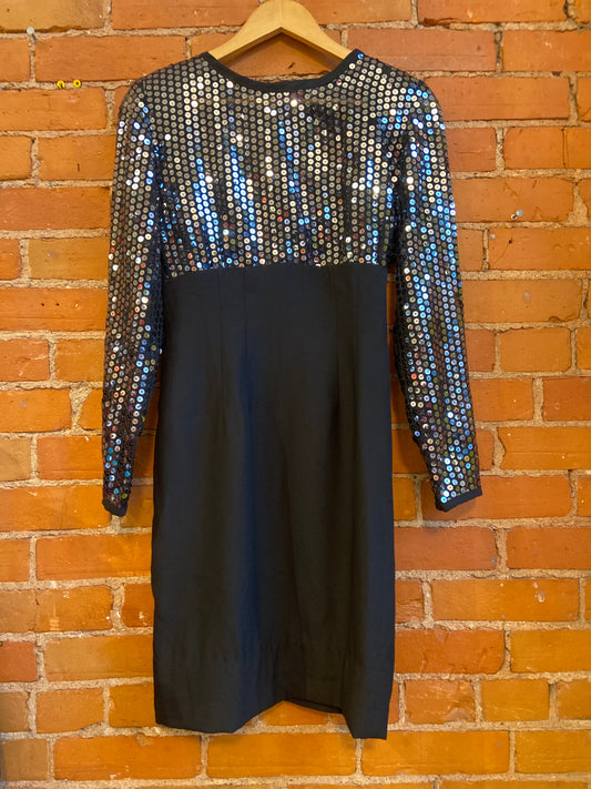 1980s Algo-Ettes Little Black Dress With Sequined Mesh Bodice