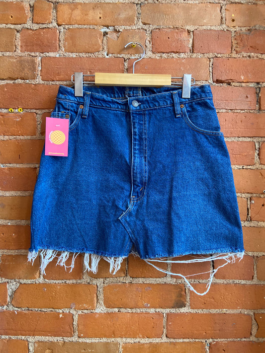 Upcycled Levis Dark Wash Denim Skirt With Frayed Hem