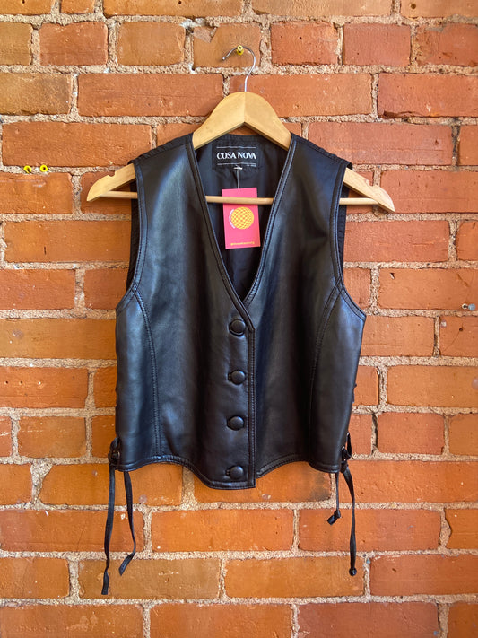 1990s Cosa Nova Black Vest With Pleather Front and Lace-Up Side Details