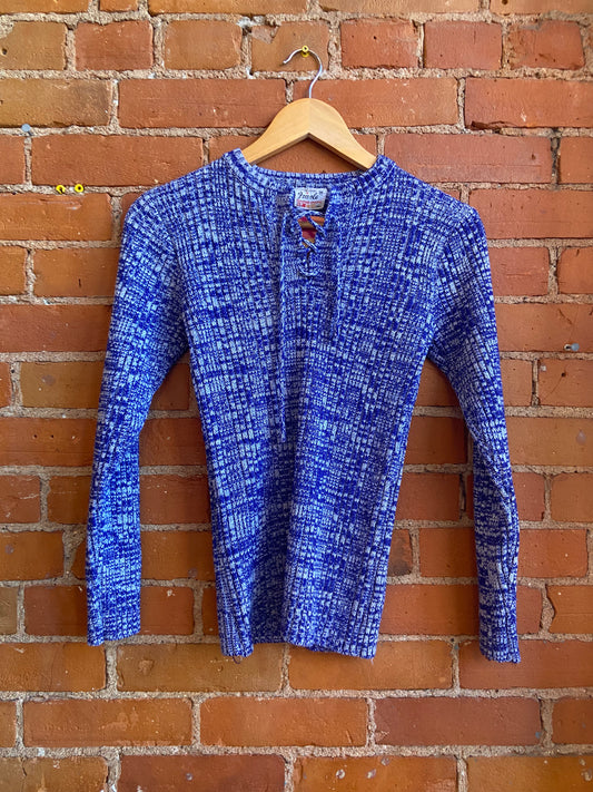 1970s Frivole Blue and White Space Dyed Sweater With Lace Up Neckline
