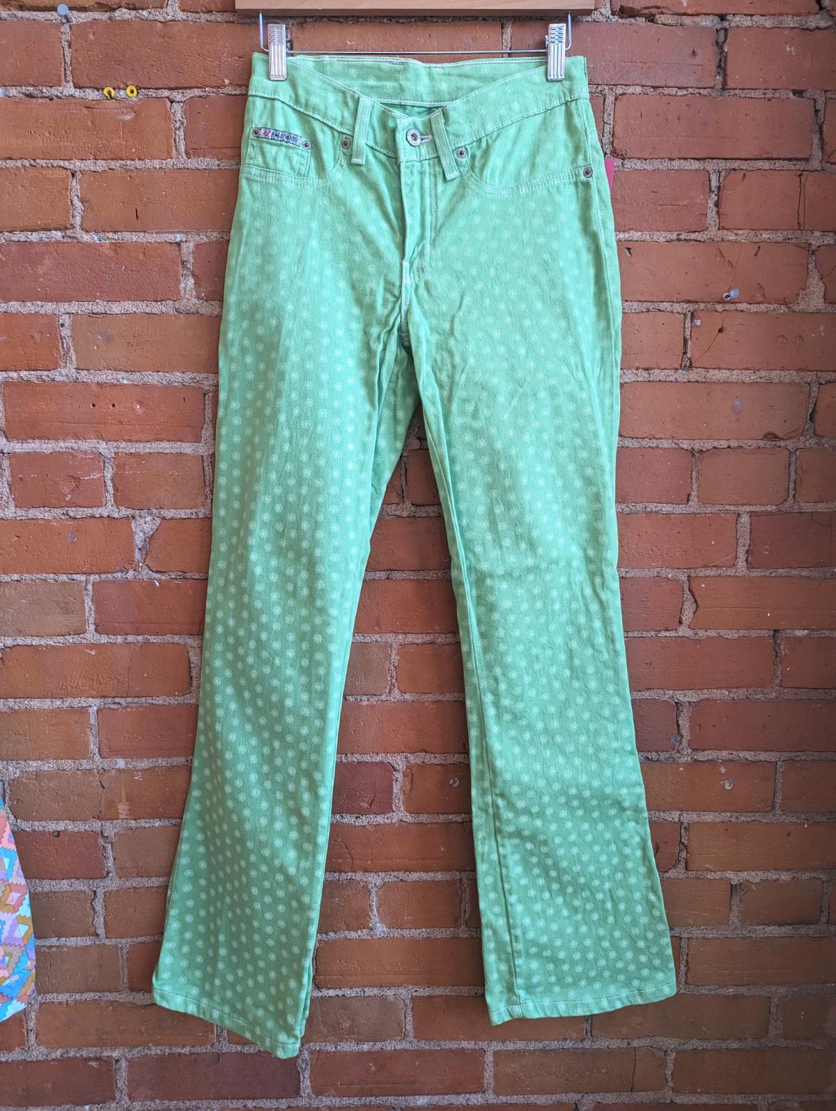 1990s or Y2K Hollywood Green Flare Jeans With Flower Print