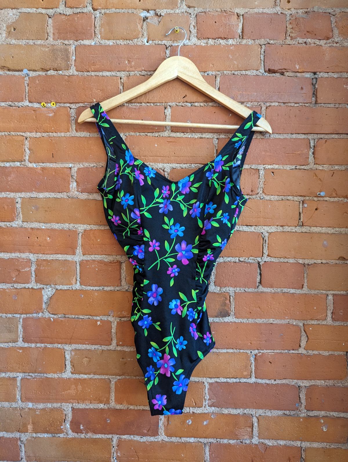 1990s Baltex Body I.D. Black Floral One-Piece Swimsuit
