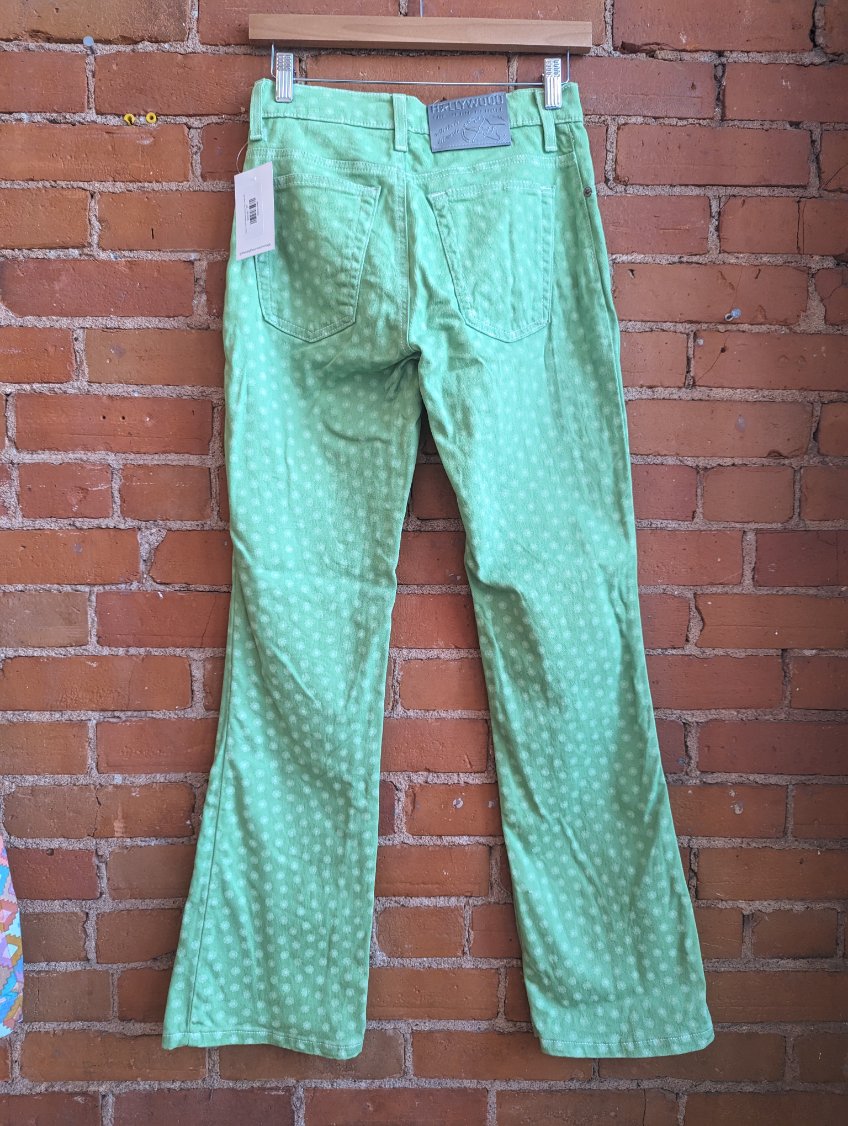 1990s or Y2K Hollywood Green Flare Jeans With Flower Print