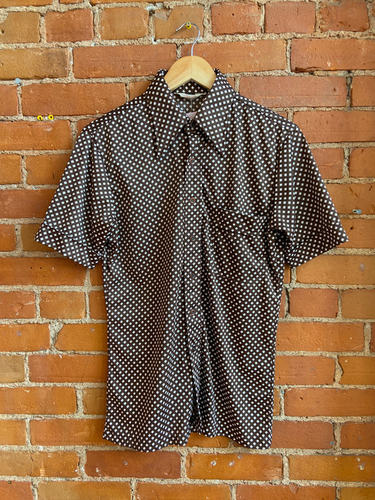 Brown Lattice Print Short-Sleeve Polyester Shirt
