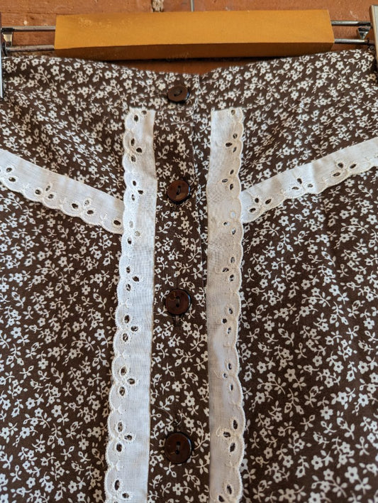1970s Brown and White Floral Prairie Skirt