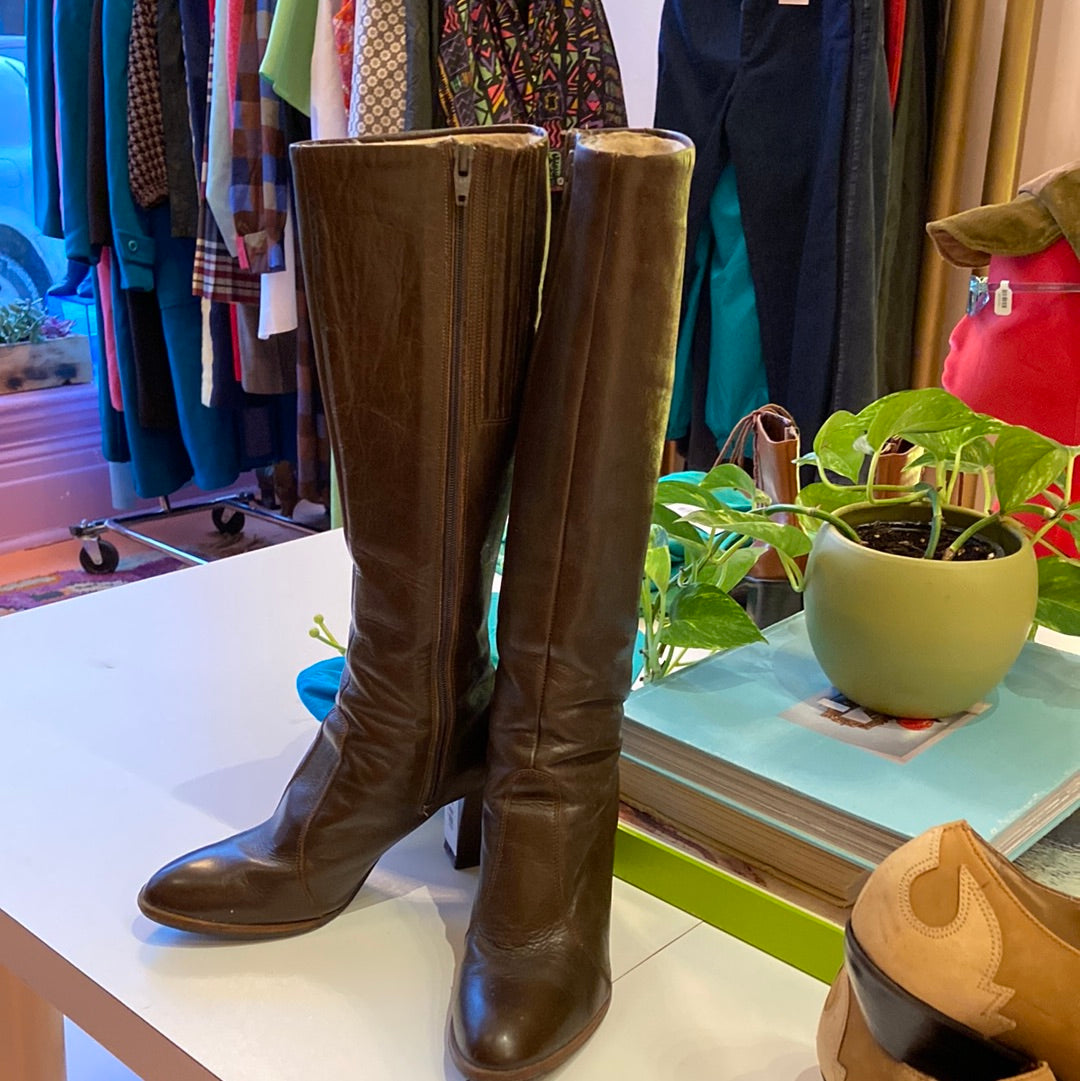 Tall Brown Leather Heeled Boots