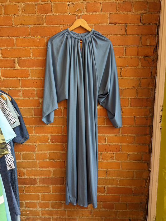 1970s Steel Blue Maxi Length Lounge Dress