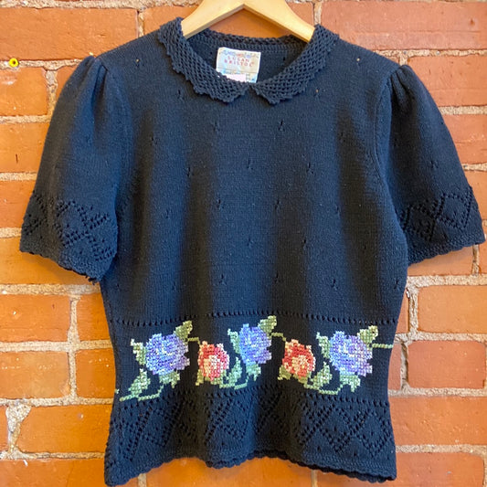 Black Embroidered Short Sleeve Sweater